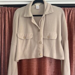 Beige Cropped Button-Up Cardigan